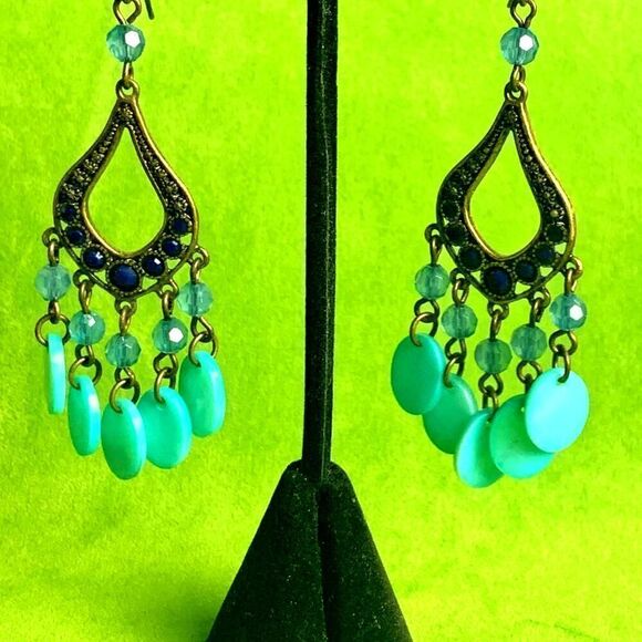Ornate Bronze Victorian Rhinestone Chandelier Earrings, Unmarked - Picture 1 of 3